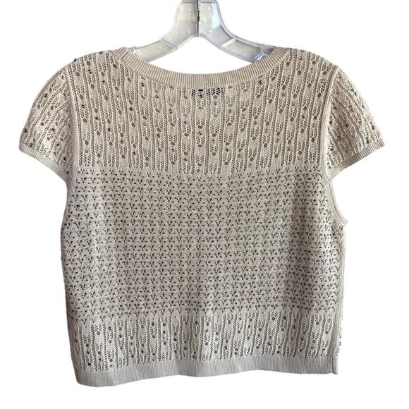 Alice + Olivia Linen Blend Pointelle Knit Beaded Cap Sleeve Cropped Sweater Top - Picture 2 of 9